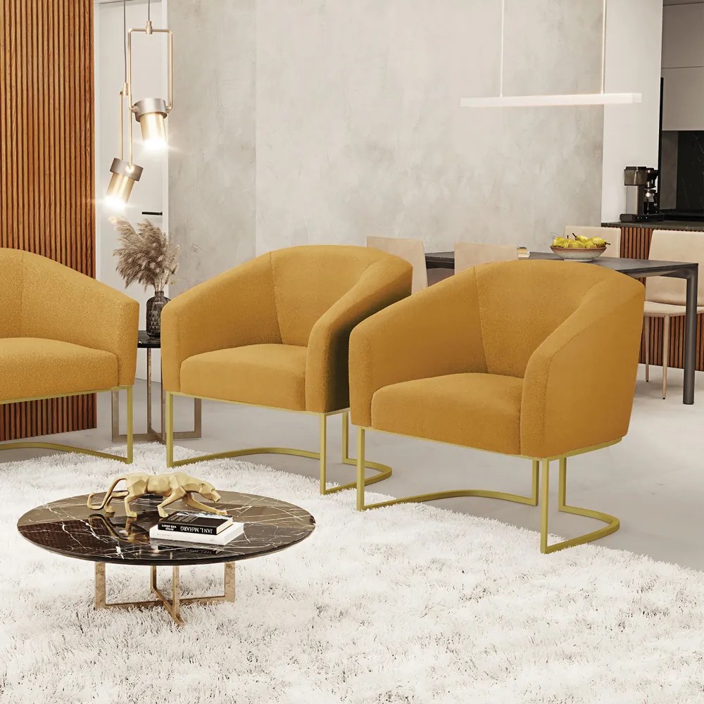 Poltrona Decorativa Industrial Dourado kit 2 Stella Bouclê Mostarda D03 - D'Rossi