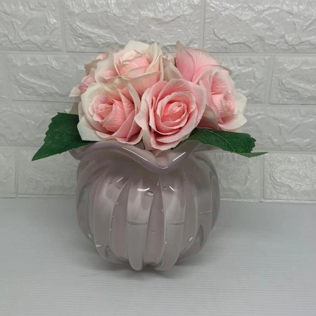 Vaso de murano na cor rosa com rosas 17cm