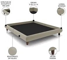 Cama King Base Box 193x203cm Pés Madeira Cold P02 Veludo Bege - Mpozen