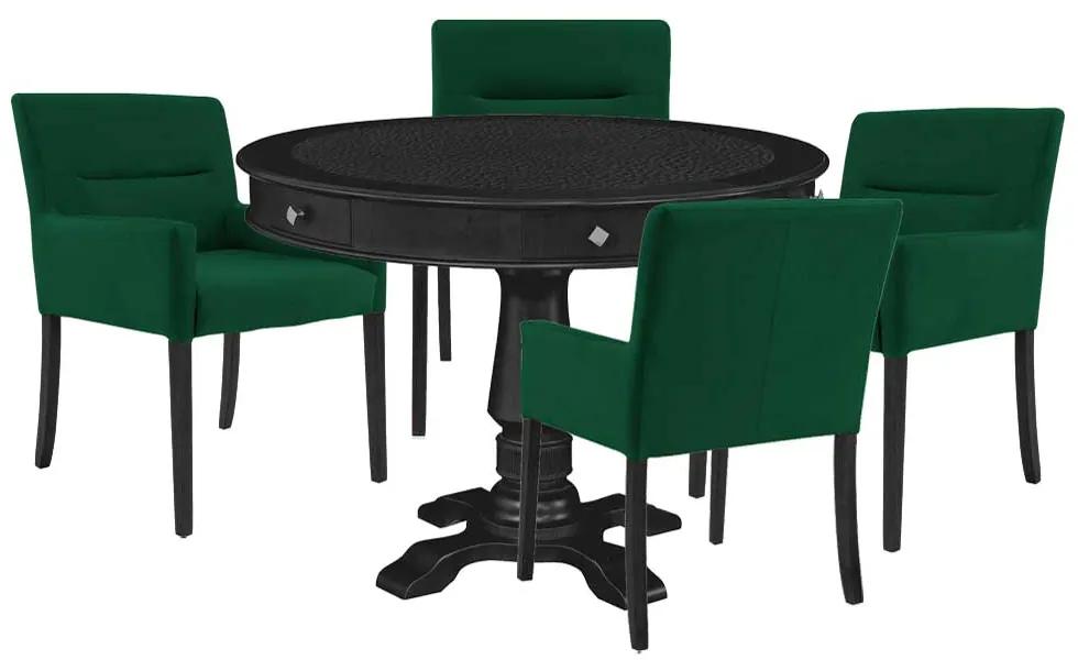 Mesa de Jogos Carteado Redonda Victoria Tampo Reversível Preto com Kit 4 Cadeiras Vicenza Suede Verde G36 G15 - Gran Belo