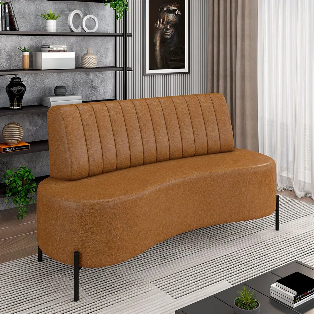 Sofá Living Decorativo 2 Lugares 1,35M Katara Pés de Ferro PU Manchado Caramelo G33 - Gran Belo