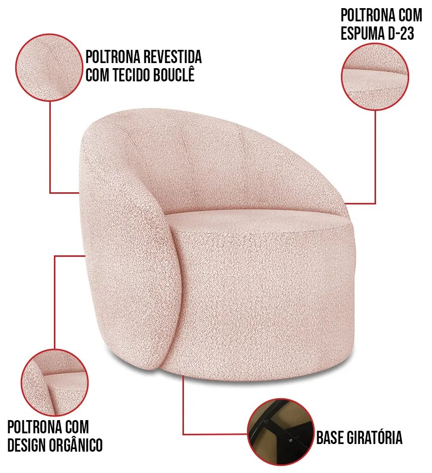 Poltrona Decorativa Orgânica Giratória Lua Bouclê D03 - D'Rossi - Rose