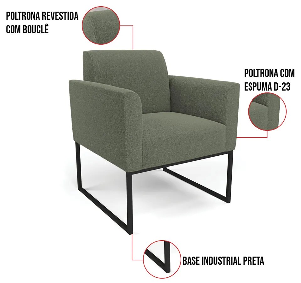 Namoradeira e 2 Poltronas Industrial Preto Marisa Bouclê Pistache D03 - D'Rossi