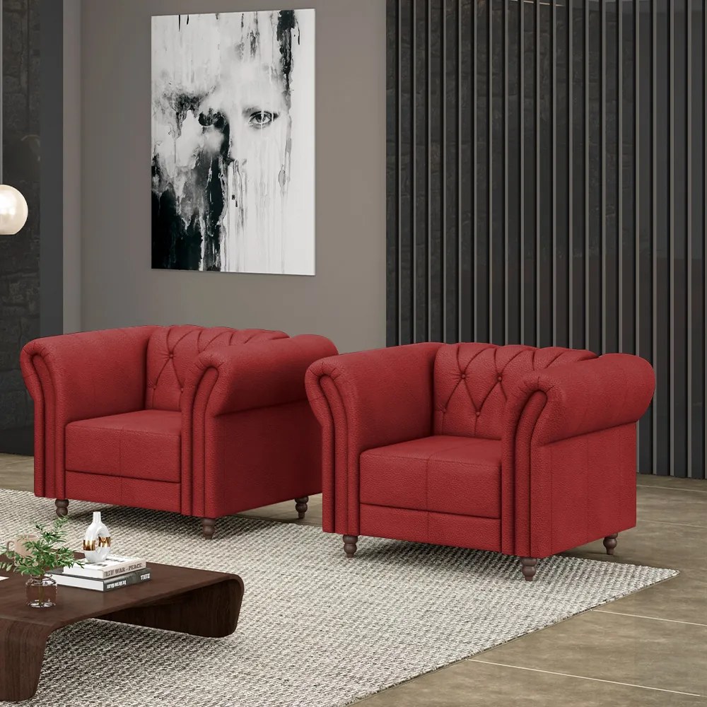 Kit 2 Poltronas Decorativas Sala de Estar Stanford Chesterfield Pés de Madeira Couro Vermelho G58 - Gran Belo