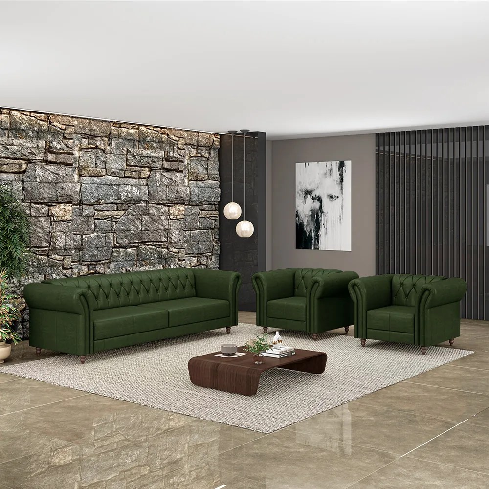 Conjunto Sala de Estar 1 Sofá Living 220cm e 2 Poltronas Stanford Chesterfield Pés Madeira Couro Verde Manchado G58 - Gran Belo