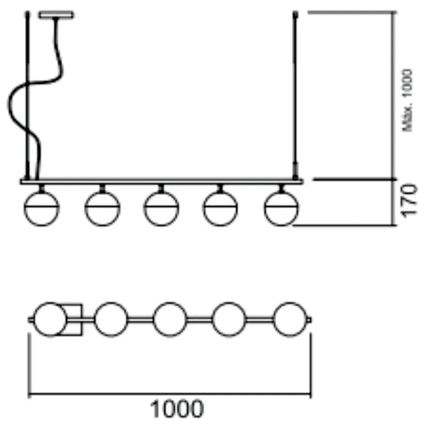 Pendente Gude C/ 5 Globos 100Cm 5L G9 / Metal E Globo Ø12Cm | Usina 16... (CB-M / CB-PV - Cobre Metálico + Cobre Polido, AMBAR)