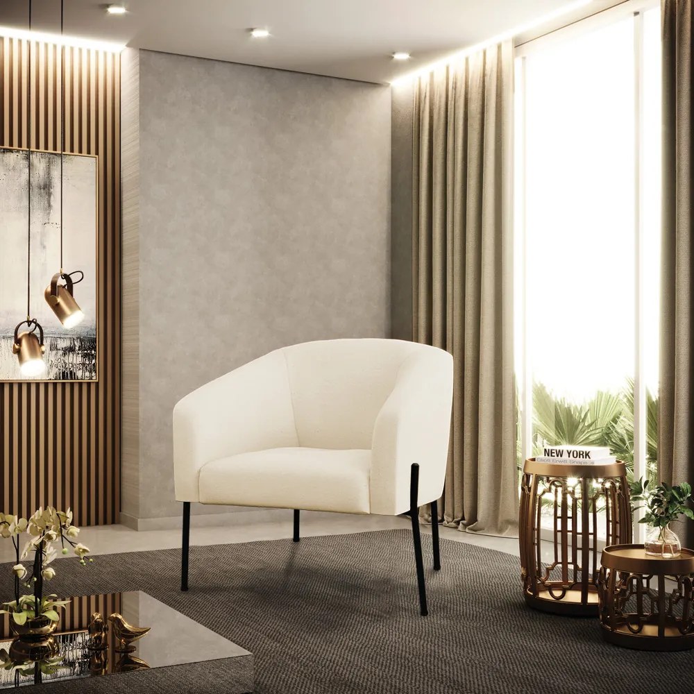 Poltrona Decorativa Pé de Ferro Preto Stella Linho Bege D03 - D'Rossi
