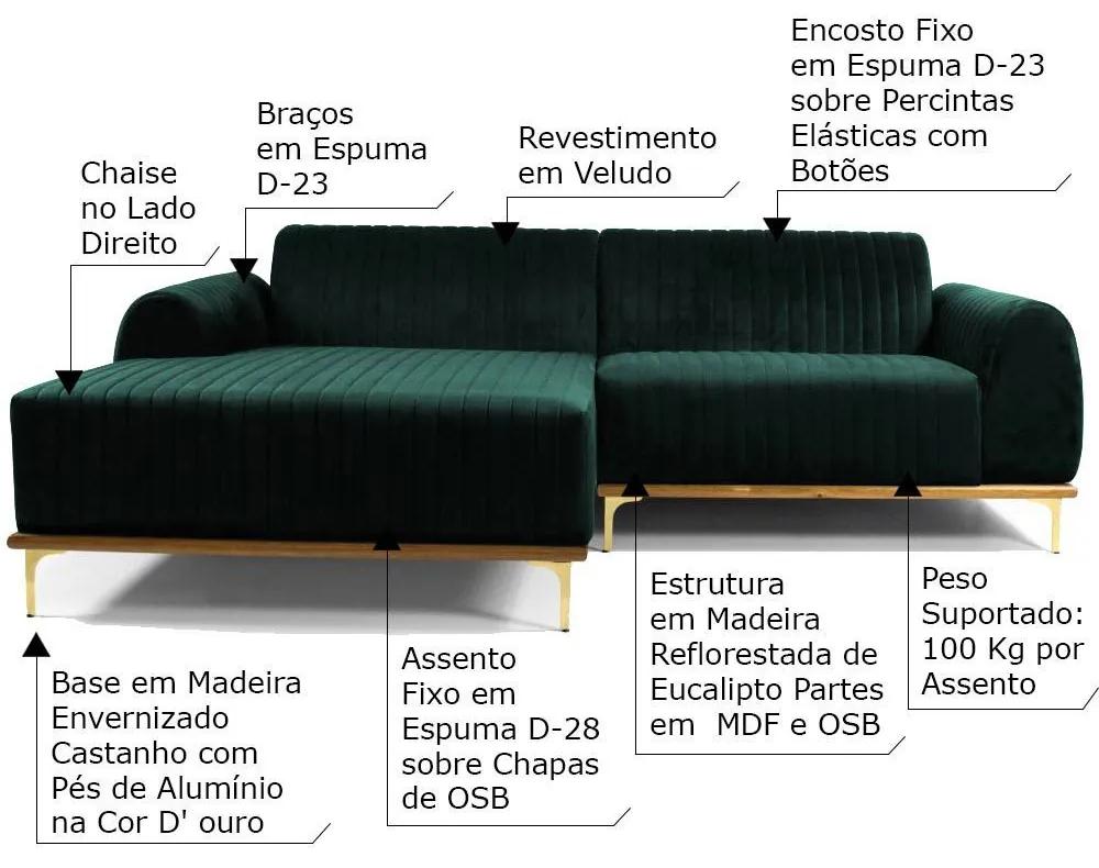 Sofá 4 Lugares Bipartido com Chaise Lado Direito Base de Madeira Euro 255 cm Veludo Verde G15 - Gran Belo