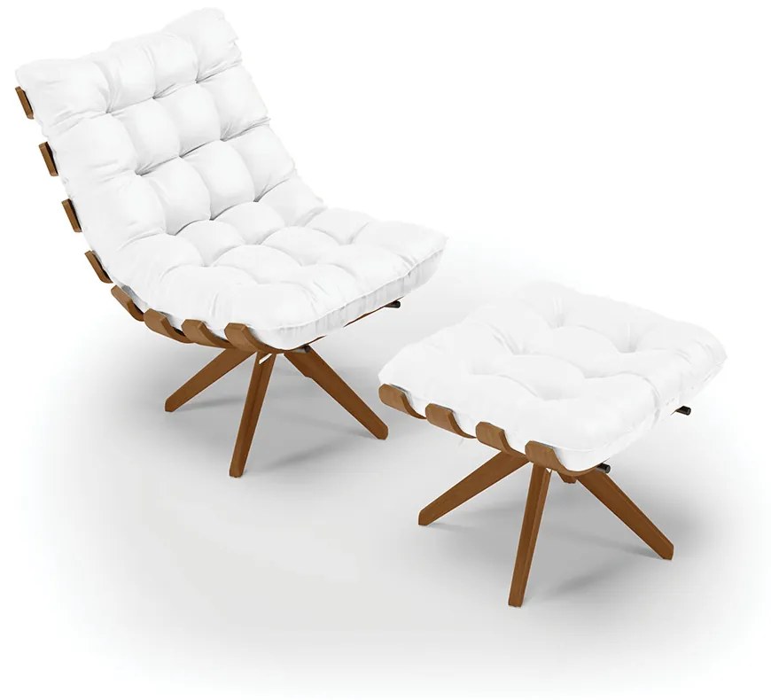 Poltrona com Puff Giratório Costela  Sintético Base de Madeira MA30 M11 - D'Rossi - Branco