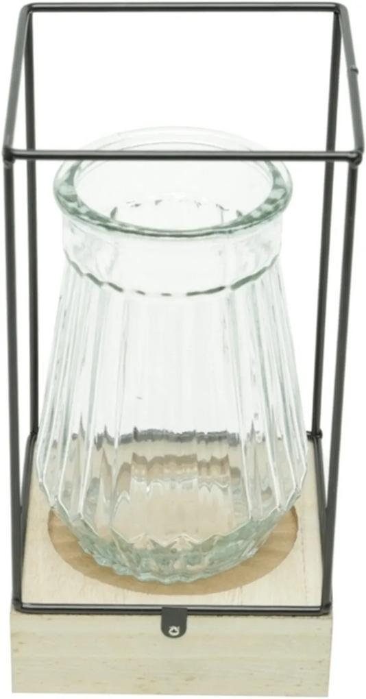 Vaso de Vidro com Led e Suporte de Madeira Glass Preto Urban Home
