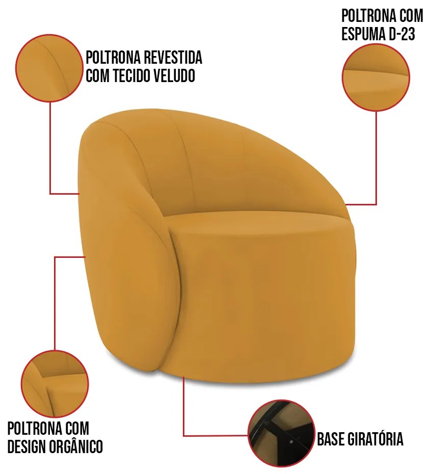 Sofá 4 Lugares Orgânico 220cm Morgan e 2 Poltronas Lua Veludo D03 - D'Rossi - Mostarda