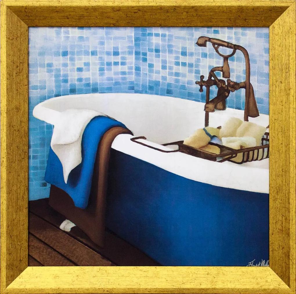 Quadro Decorativo Com Moldura Dourada Banheira Branca E Azul Com Toalhas Coloridas 30x30cm