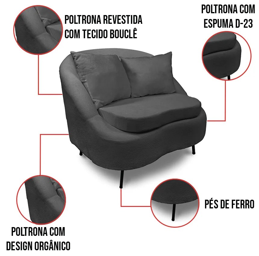 Poltrona Decorativa Orgânica Pé Ferro Preto Kit 2 Zaya Bouclê Grafit C05 - D'Rossi