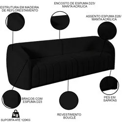 Sofá Living Decorativo 3 Lugares 292cm Meris M22 Boucle Preto - Mpozen