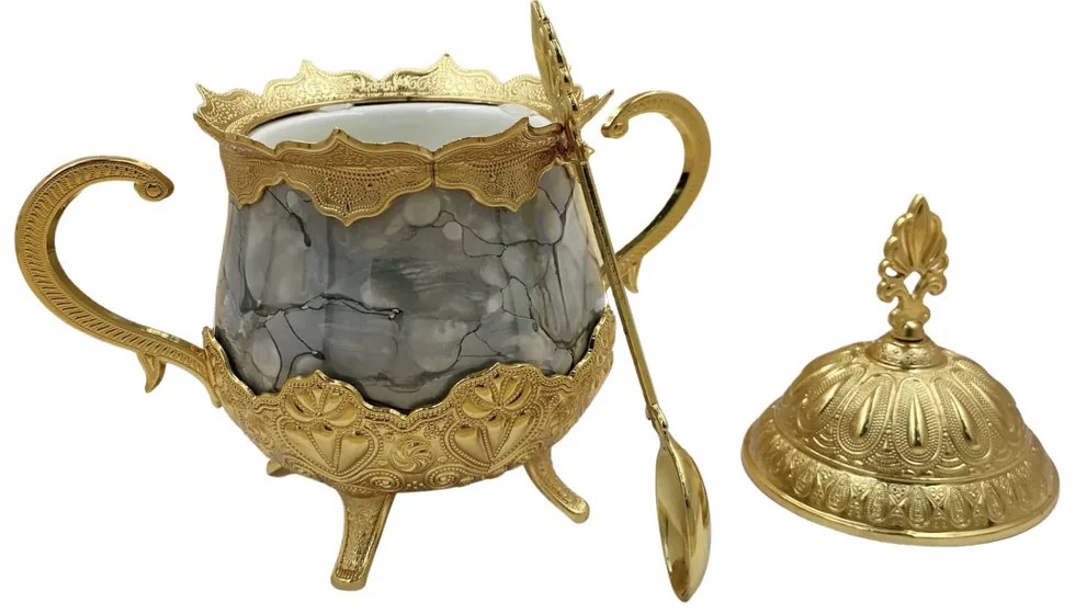 Açucareira Porta Açucar Lille com Alça Detalhada Colher Porcelana/Metal G95 - Gran Belo