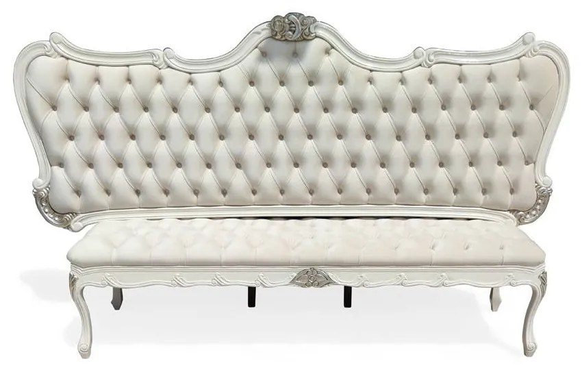 Cabeceira de Cama com Puff Recamier Luís XV Detalhe Capitonê Madeira Maciça Eucalipto Design de Luxo