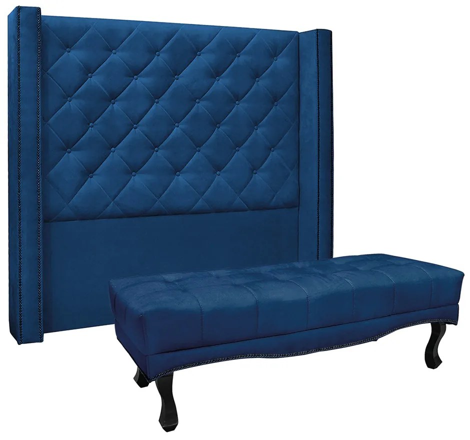 Cabeceira Cama Box King 195cm e Recamier Vicenza Suede Azul Marinho S04 - D'Rossi