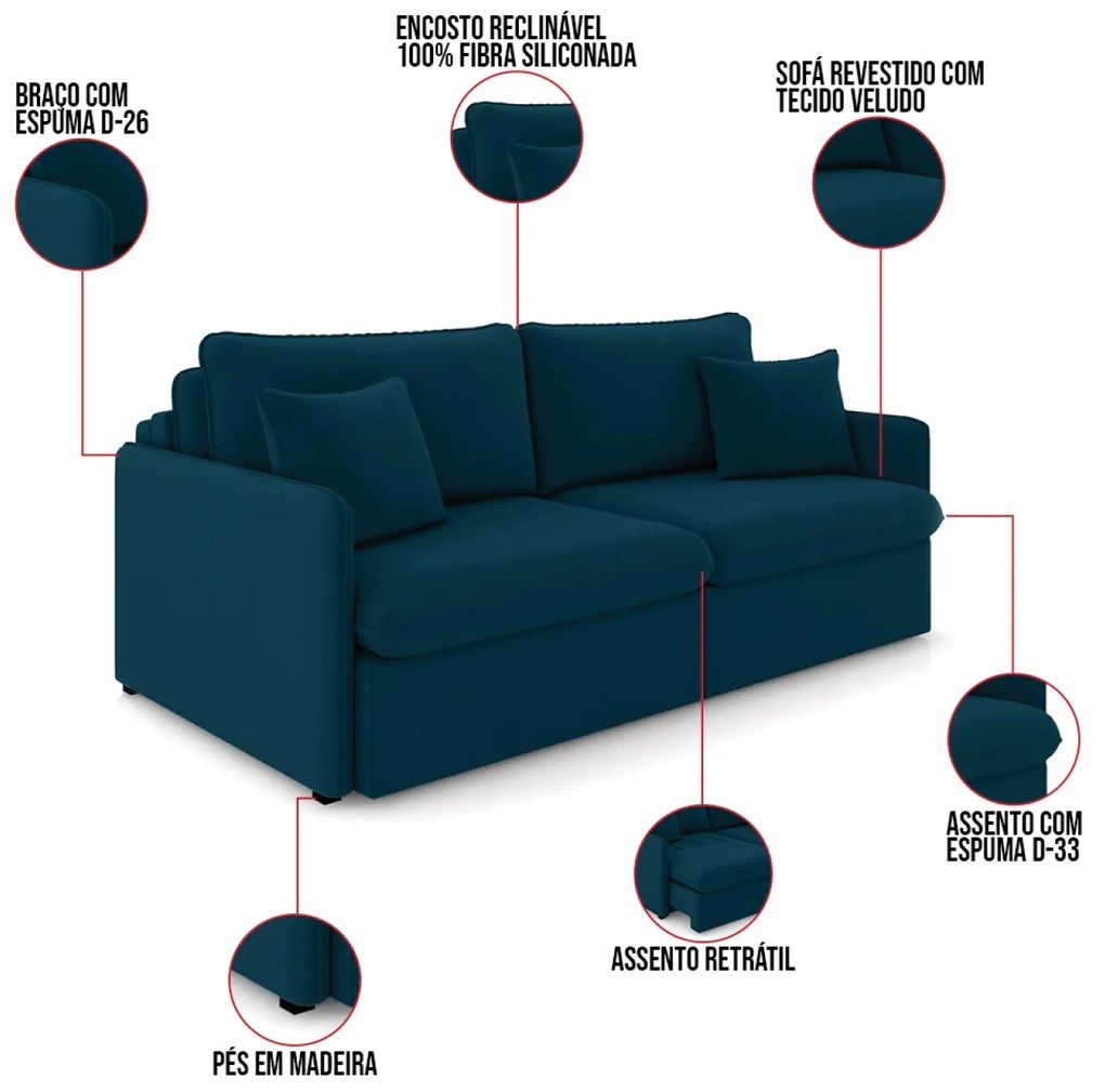 Sofá Retrátil Reclinável 3 Lugares 194cm Maili Veludo K01 - D'Rossi - Azul