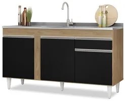 Balcão Gabinete com Pia Inox 150cm 3 Portas 1 Gaveta Dakota Castanho/P