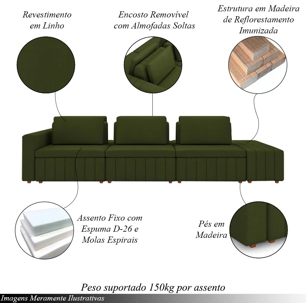 Sofá Ilha com Encosto e Almofadas Móveis Olimpo 335cm Modulado Linho Verde G45 - Gran Belo