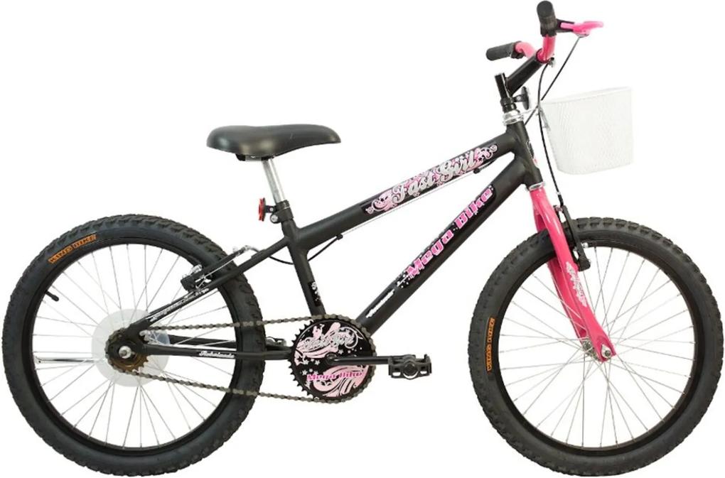 Bicicleta Infantil Aro 20 Freios V-Break Quadro Aço Fast Girl Rebaixada Preto Pink - Mega Bike