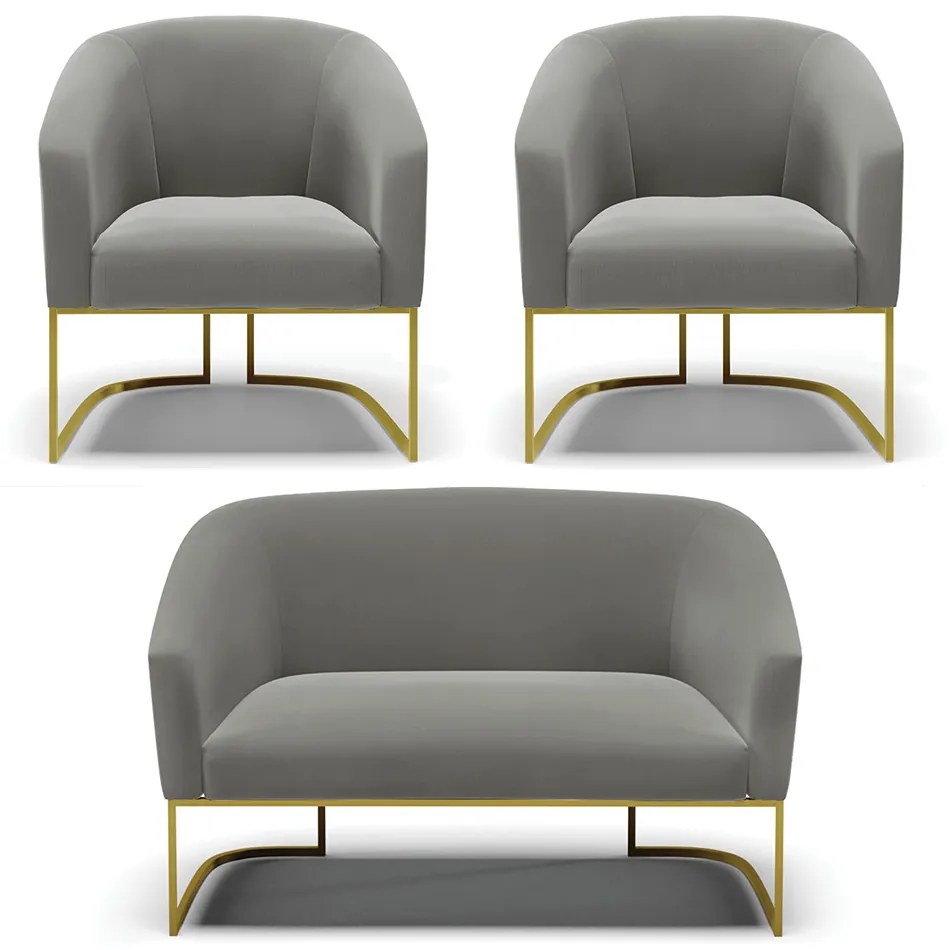 Namoradeira e 2 Poltronas Industrial Dourado Stella Suede Grafite D03 - D'Rossi