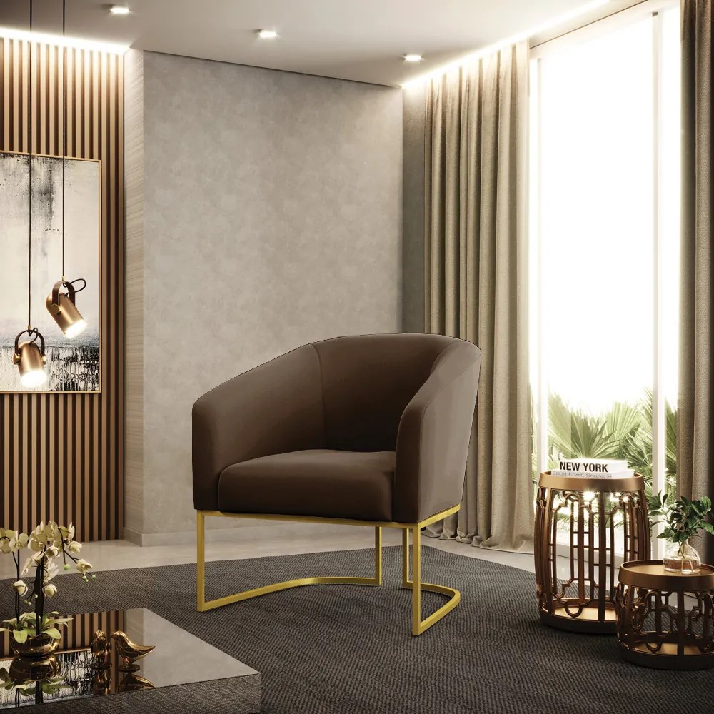 Poltrona Decorativa Industrial Dourado kit 2 Stella Suede D03 - D'Rossi - Marrom
