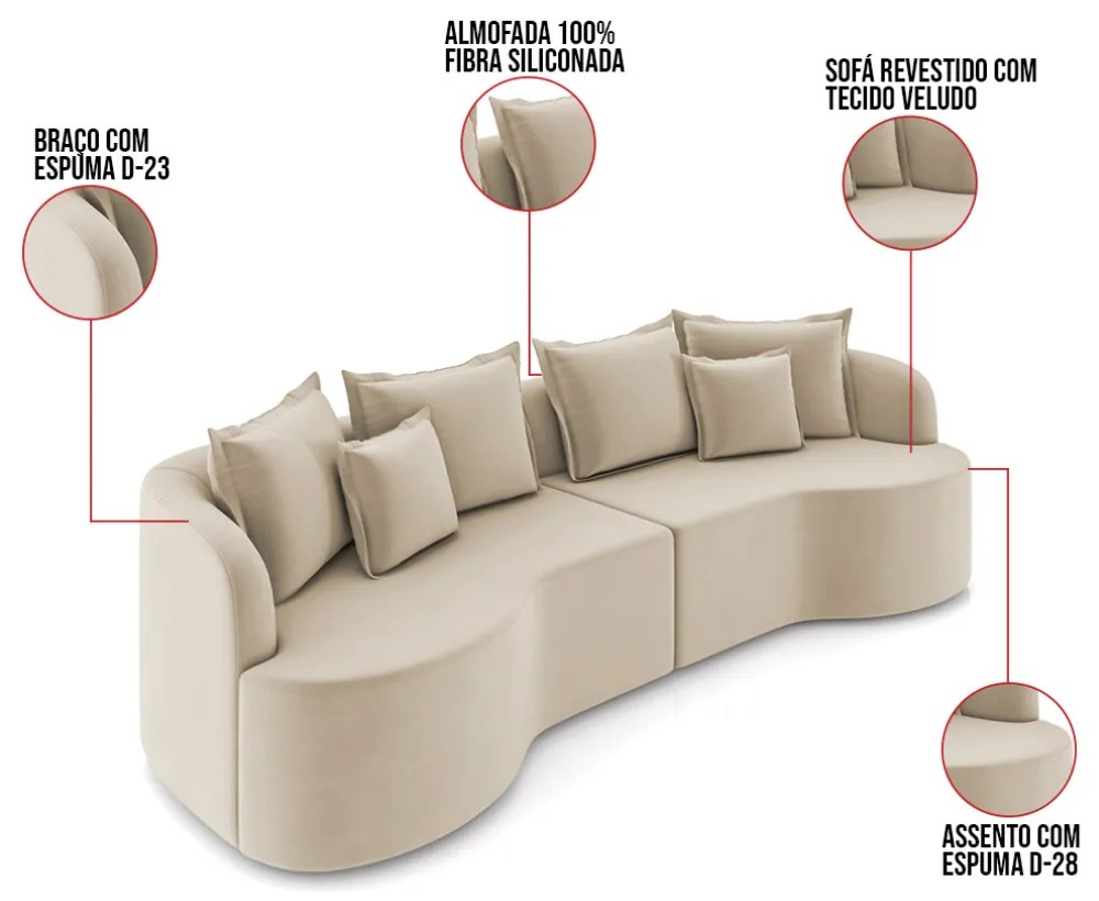 Sofá 5 Lugares Orgânico Living 290cm Mersa Veludo Bege K01 - D'Rossi