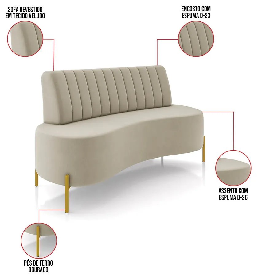 Sofá 2 Lugares Living 135cm Pé Ferro Dourado Maraú Veludo K01 - D'Rossi - Bege