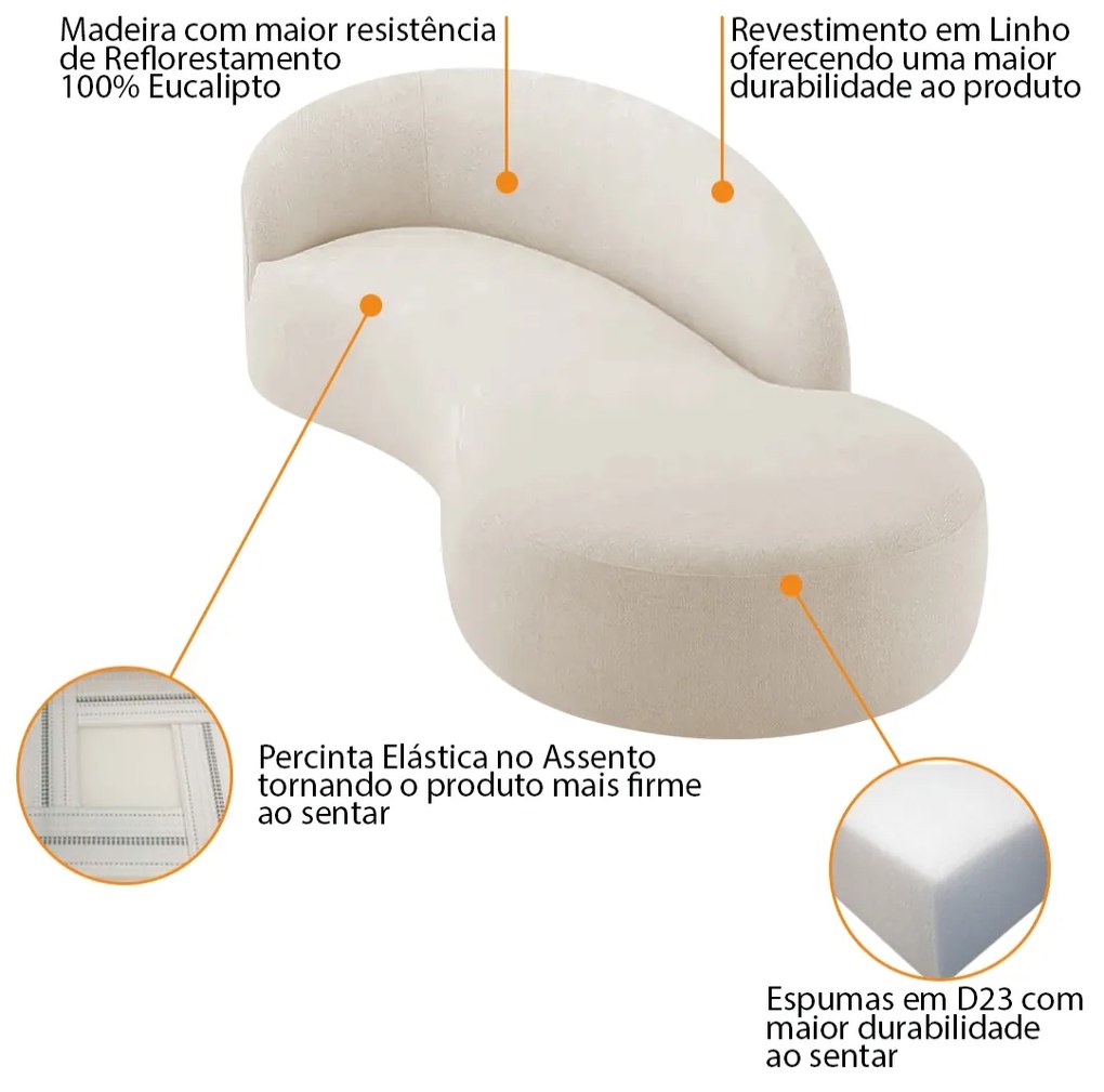 Divã Recamier Orgânico França 200cm Lado Direito Linho - ADJ Decor