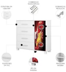 Cômoda Infantil Para Quarto 80cm 4 Gavetas Carro Vermelho Z53 - Mpozen