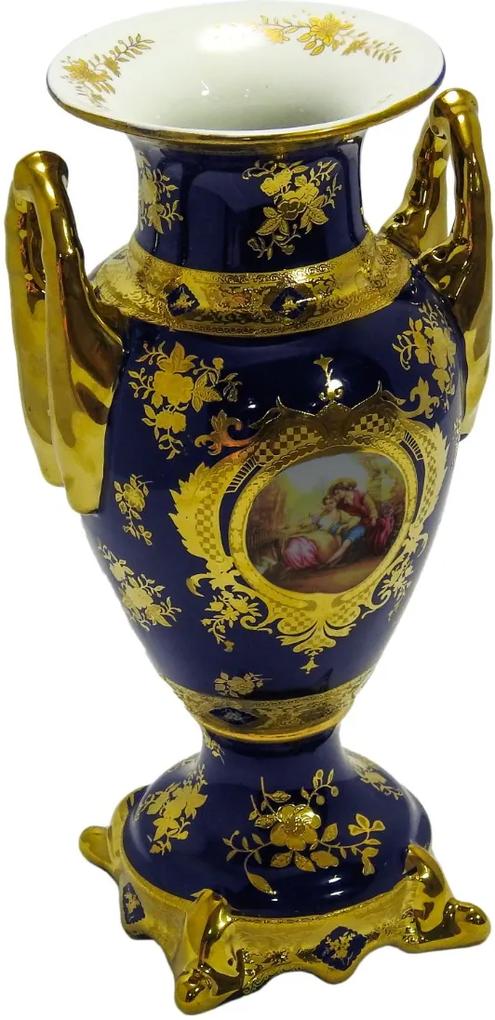 Ânfora em Porcelana Azul Detalhes em Ouro - 44x22x17cm