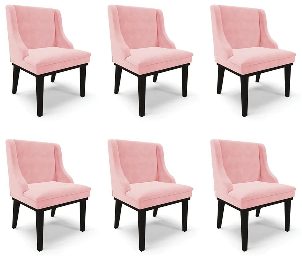Kit 6 Cadeiras Decorativas Sala de Jantar Base Fixa de Madeira Firenze Suede Rosa Bebê/Preto G19 - Gran Belo