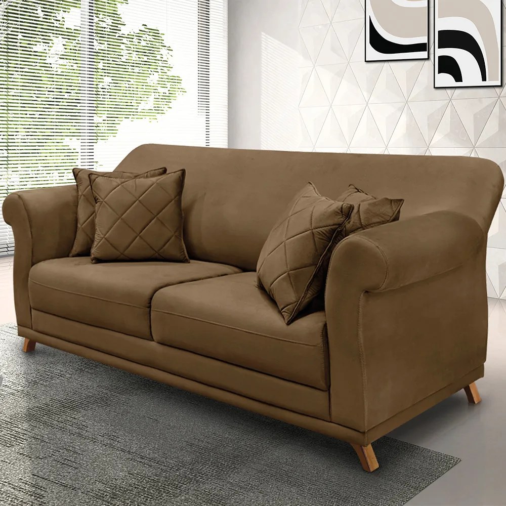 Sofá 2 Lugares Pé de Madeira Julieta 180 cm Suede Caramelo S04 - D'Rossi