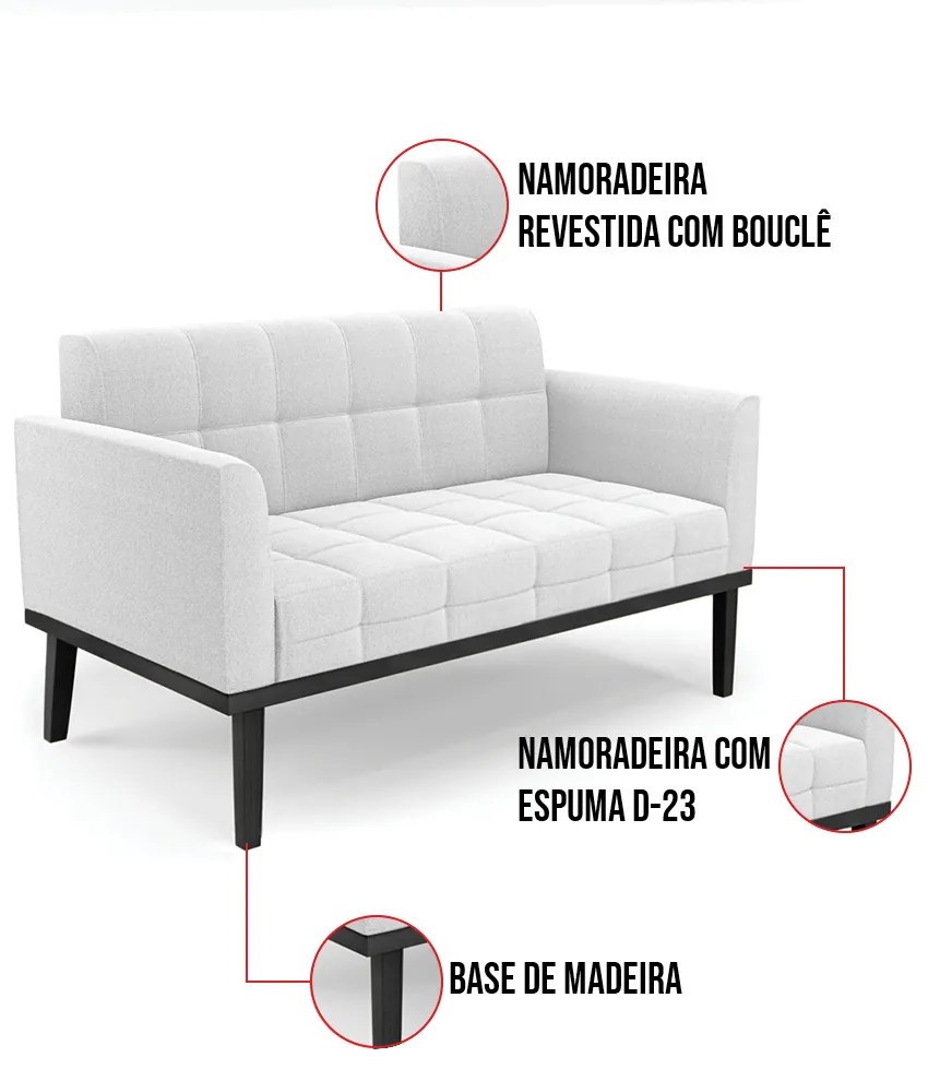 Namoradeira 2 Poltronas Base Madeira Fixa Pto Elisa Bouclê Off Wte D03 - D'Rossi