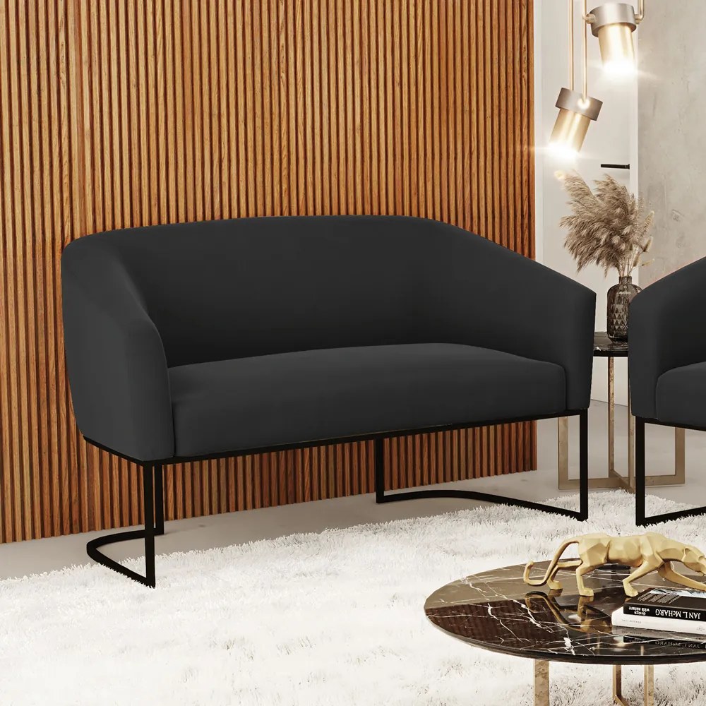 Sofá 2 Lugares Namoradeira Industrial Preto Stella Suede D03 - D'Rossi - Preto