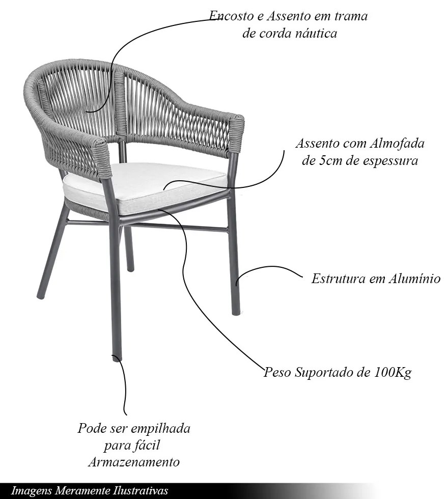 Cadeira Área Externa Alumínio com Corda Naútica Almofada Removível Bear Grafite G56 - Gran Belo