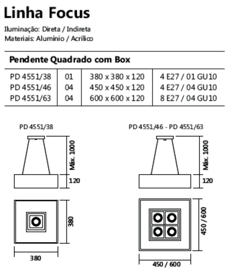 Pendente Quadrado Focus C/ 01 Box 4L E27 / 1L Gu10 38X38X12Cm | Usina... (DR-M Dourado Metálico)