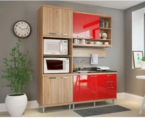 Cozinha Compacta c/ Armário para Forno/Micro-ondas, Aéreo e Balcão 3 Gavetas - Argila/Vermelho