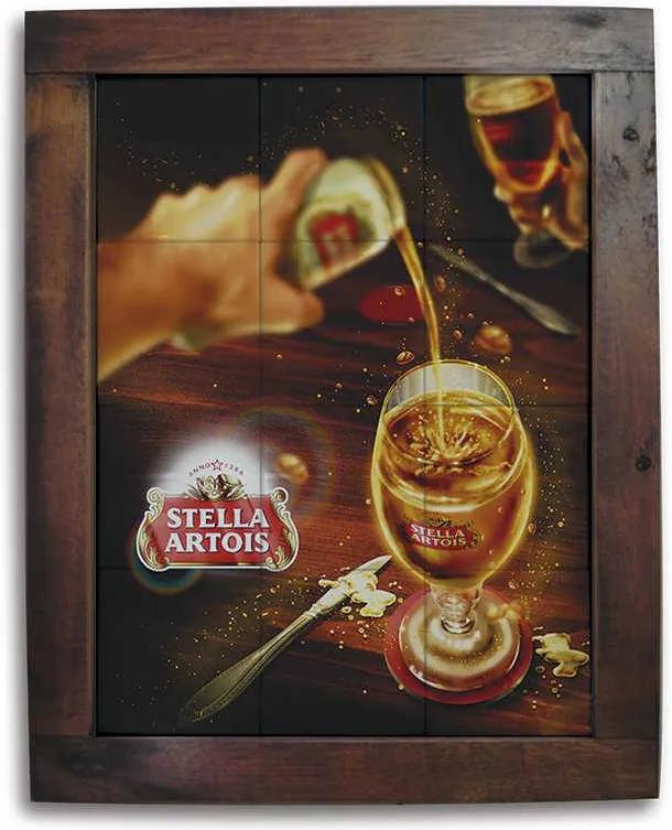 Quadro Azulejo Stella Artois com Moldura em Madeira - 48x38 cm