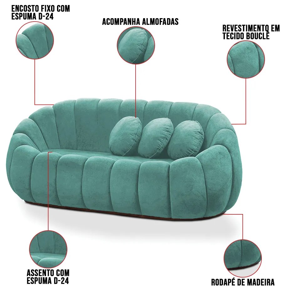 Sofá 2 Lugares Orgânico para Sala Cloud Bouclê Azul Turquesa E03 - D'Rossi