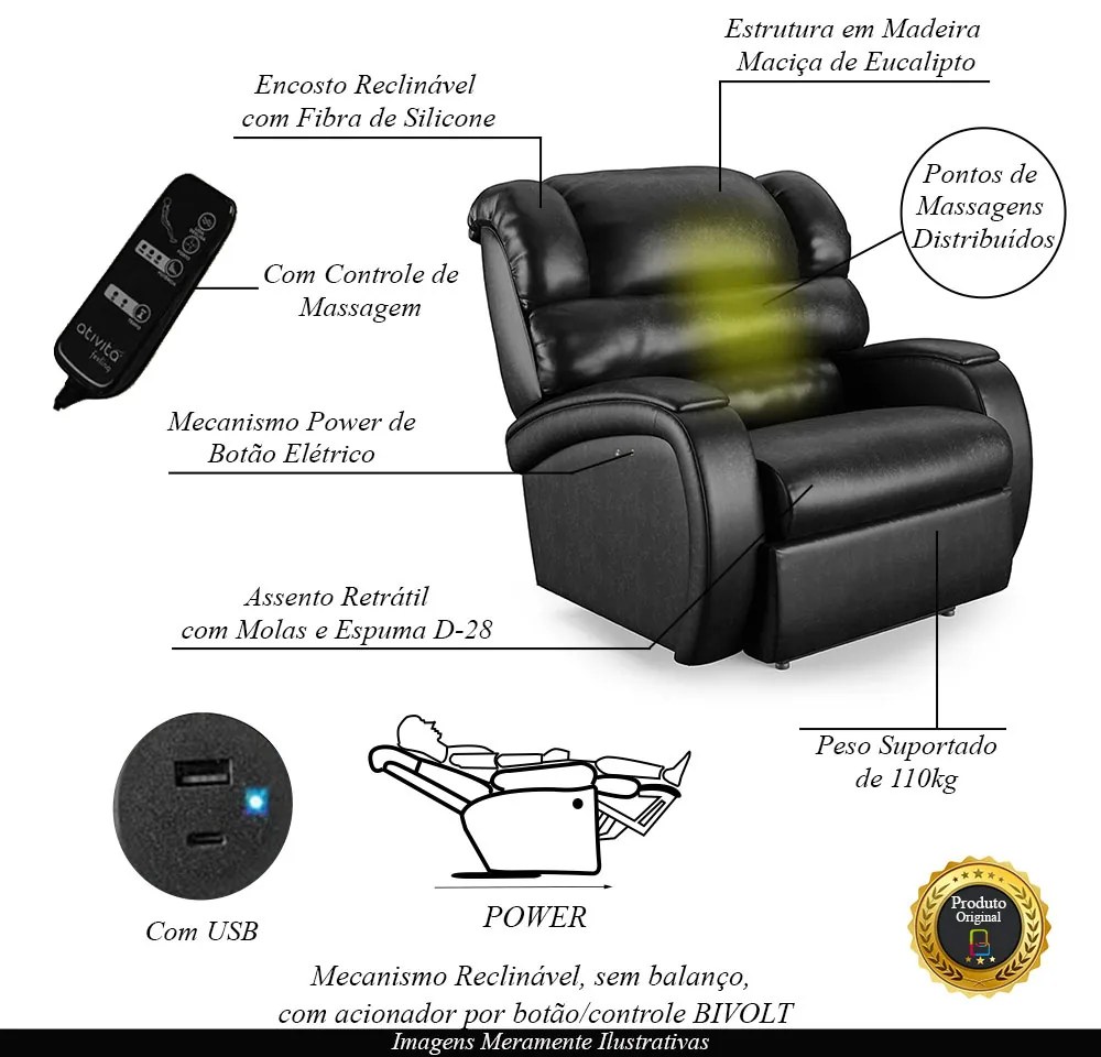 Poltrona do Papai Reclinável Napoli Power Touch Massagem PU Brilho FH1 - D'Rossi - Preto