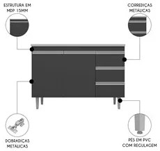 Balcão de Cozinha Com Pia Inox 100cm 3 Gavetas Andréia Cinza - AJL Móv