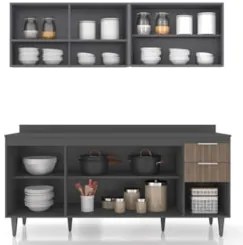 Armário de Cozinha Com Tampo CP01 180cm Pérola Grafite/Freijó Z34 - Mp
