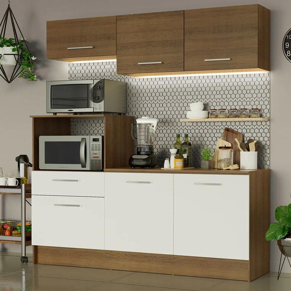 Cozinha Compacta Madesa Onix 180001 com Armário e Balcão Rustic/Branco 5Z9B Cor:Rustic/Branco