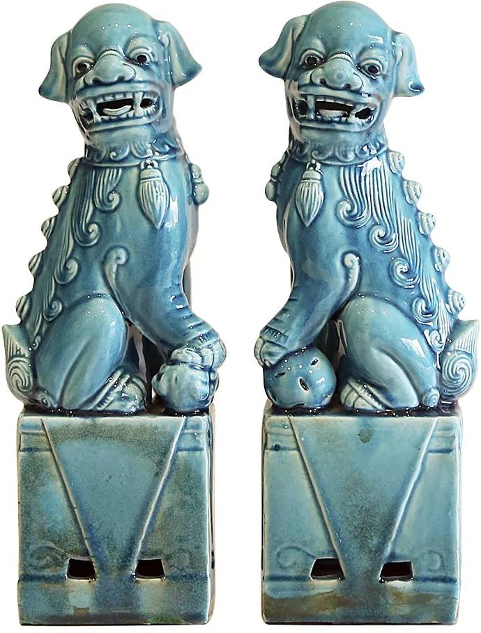 Estatueta Par de Leões Chineses em Porcelana Verde P