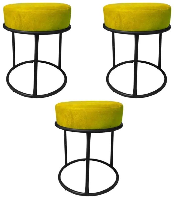 Kit 3 Puffs Decorativos Redondos Luxe Base de Aço Preta Suede Amarelo - Sheep Estofados - Amarelo