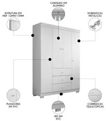 Guarda Roupa Infantil 136cm 4 Portas 3 Gavetas Duda Branco   - Phoenix