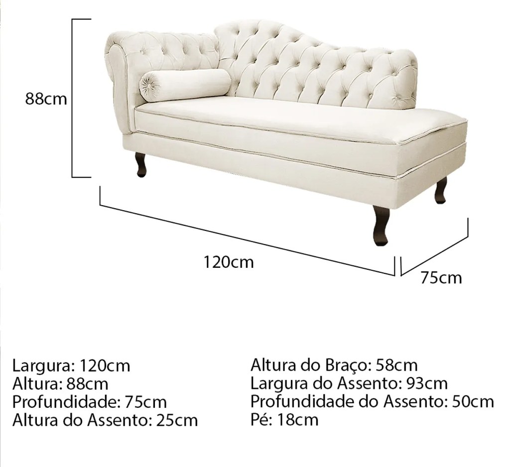 Divã Recamier Diana Lado Direito 120cm Corano - ADJ Decor