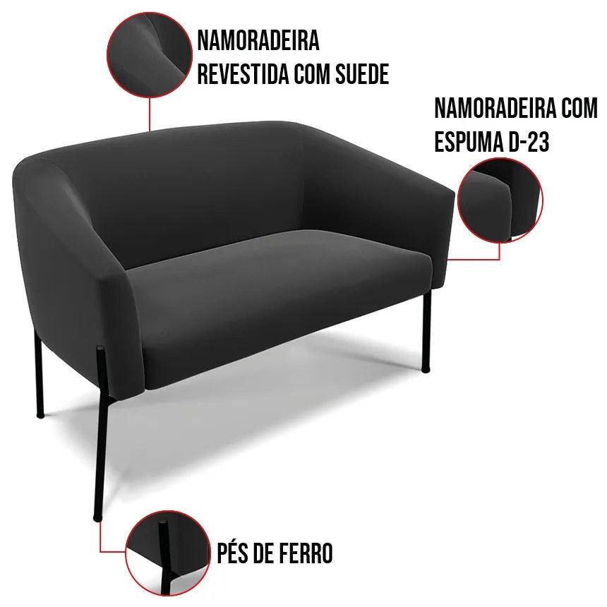 Sofá 2 Lugares Namoradeira Pé de Ferro Preto Stella Suede D03 - D'Rossi - Preto